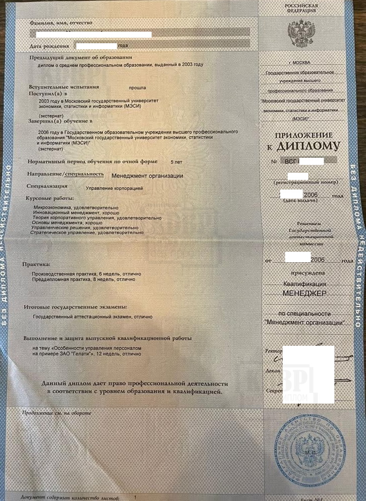 Приложение диплома МЭСИ по специальности Менеджмент организации 2006 г.